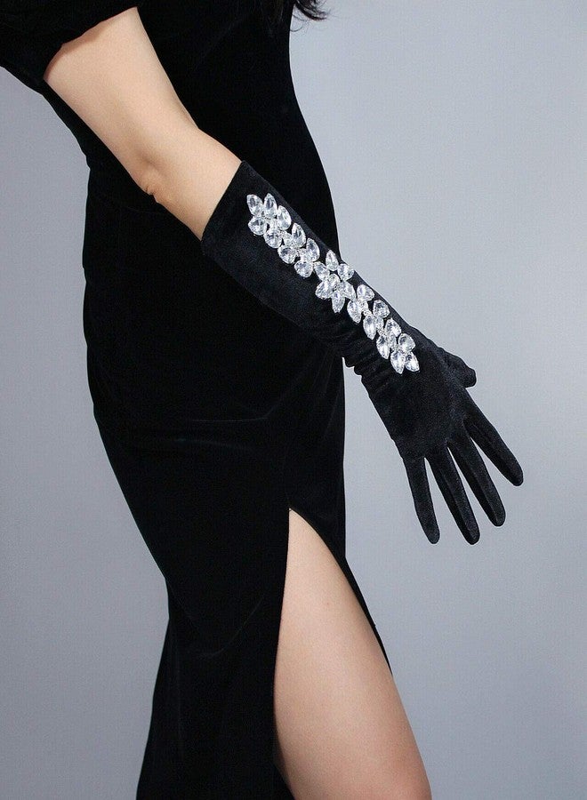 DooWay Black Velvet Gloves with Flower Blossom Crystal Rhinestone Chain Stretch Elbow Evening Party Gloves - Image 3